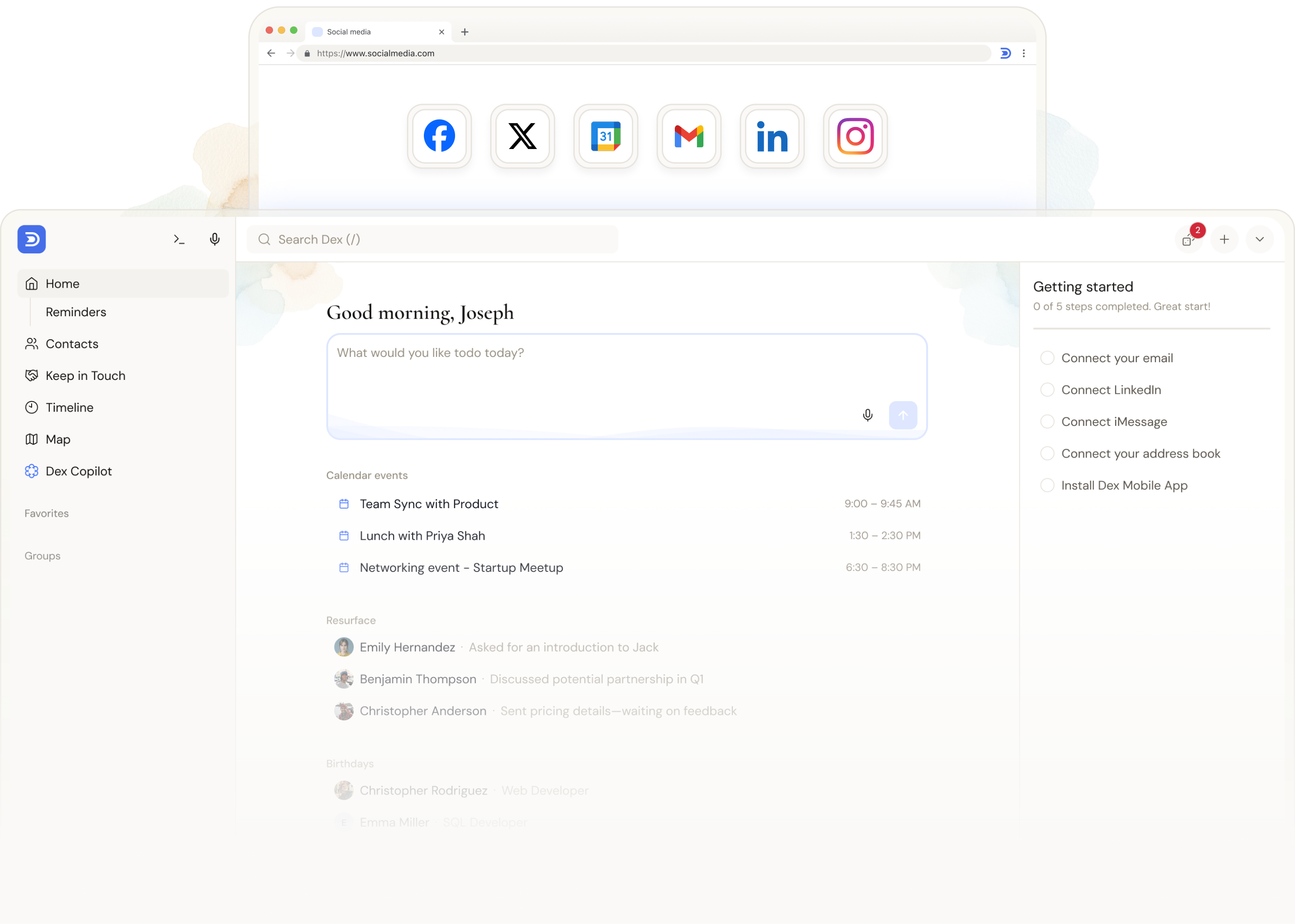Dex browser extension showing the Dex action button in a browser address bar, with floating tiles for Gmail, LinkedIn, Facebook, and Instagram.