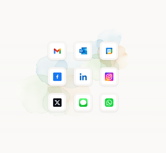 Tiles for Gmail, LinkedIn, Facebook, Outlook, and other integrations Dex can pull contacts from.