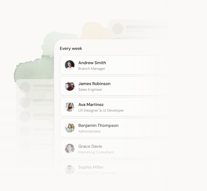 Dex contact list grouped by weekly keep-in-touch reminders.