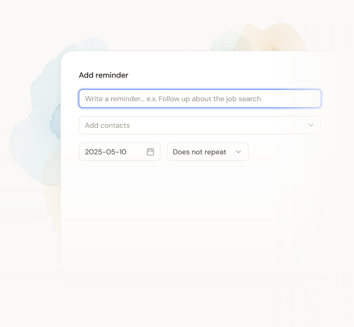 Dex add-reminder modal letting you schedule a follow-up on a specific date.